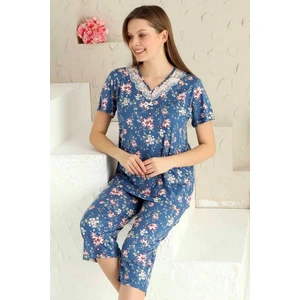 Kadın Indigo Bahar Dalı Kısa Kollu Dantelli V Yaka Kaprili Viskon Pijama Takımı EDY2708İ