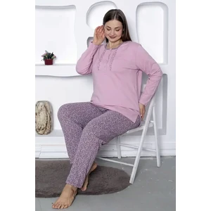 Kadın Gülkurusu Bisiklet Yaka Uzun Kollu Nakış Detaylı Penye Büyük Beden Pijama Takım EDY2818B-GK