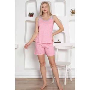 Kadın Pembe Kalp Desenli V Yaka Kalın Askılı Penye Şortlu Takım EDY2797P