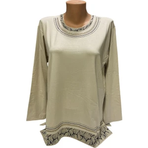 Rahat Kesim Yuvarlak Yaka Taş Işlemeli Kadın Anne Penye Bluz