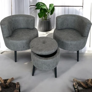 Gri Nubuk Kumaş Çay Seti Ikili Koltuk Berjer ve Sandık Puf Takımı (Salon, Balkon, Ofis) 3'lü Takım