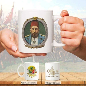 Osmanlı Padişahları Serisi - Iı. Abdülhamid -Fotoğrafı ve Tuğrası -Arma - Renkli Baskılı Kupa Bardak