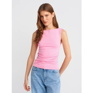 31589 Büzgülü Kayık Yaka Top-Pembe
