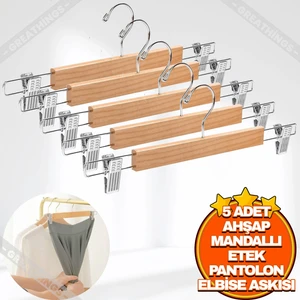 5 Adet Ahşap Mandallı Etek Askı | Metal Uçlu Ahşap Etek, Pantolon, Elbise, Eşarp, Şal Askısı