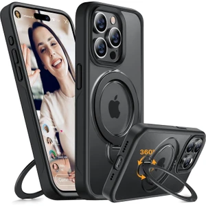 Iphone 15 Pro Max Uyumlu Kılıf Kamera Korumalı Magsafe Destekli 360 Dönebilir Standlı Mat Kapak