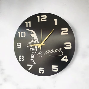 AA Shop Atatürk Imza Ahşap Siyah Renk Sade Sayılı Hediyelik Sessiz Duvar Saati 50 cm