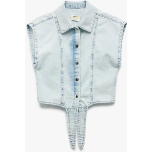 Düğme Kapamalı Bağlama Detaylı Pamuklu Denim Gömlek