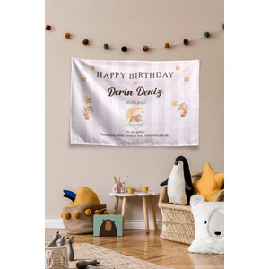 Kişiye Özel Doğum Günü Ayıcık Temalı Happy Birthday Duvar Örtüsü Duvar , Doğum Günü Flaması