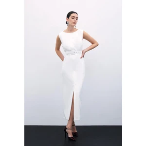 Kemerli Kalem Elbise - Ekru