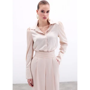 Vatkalı Desenli Saten Gömlek - Taş