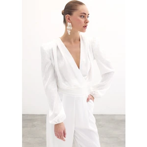 Kruvaze Desenli Bodysuit Bluz - Ekru