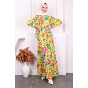 İmaj Butik Yağ Yeşili Desenli Eteği Katlı Viscon Elbise