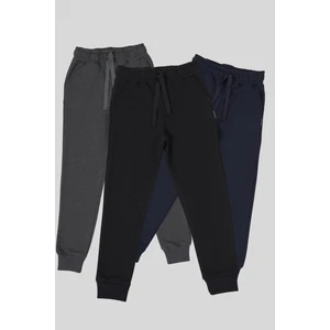 Siyah-Lacivert-Antrasit Kalın Pamuklu Beli ve Paçası Lastikli Cepli 3'lü Kız Çocuk Eşofman Altı