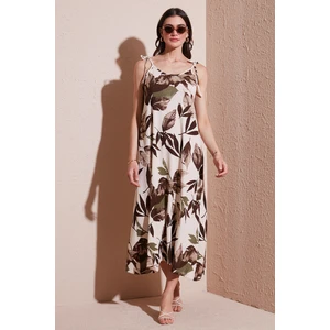 Desenli Oversize Fit Bağlamalı Ip Askılı Yuvarlak Yaka Midi Boy Elbise Bayan Elbise 5869022