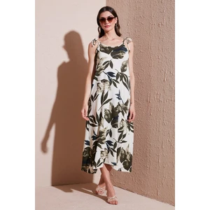 Desenli Oversize Fit Bağlamalı Ip Askılı Yuvarlak Yaka Midi Boy Elbise Bayan Elbise 5869022