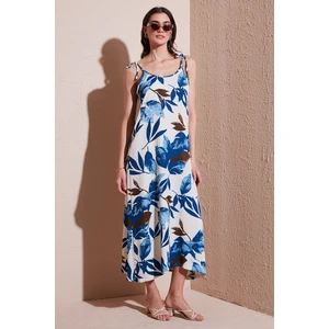 Desenli Oversize Fit Bağlamalı Ip Askılı Yuvarlak Yaka Midi Boy Elbise Bayan Elbise 5869022