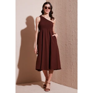 Regular Fit Tek Omuz Belden Açılan Gipeli Midi Boy Elbise Bayan Elbise 67810248