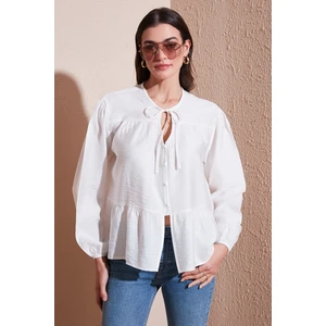 Oversize Fit Balon Kol Bağlamalı Yaka Detaylı Gömlek Bayan Gömlek 6772618