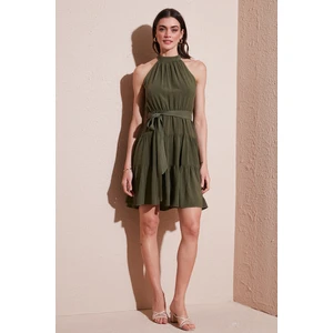 Pileli Regular Fit Halter Yaka Mini Boy Kemerli Elbise Bayan Elbise 6772041