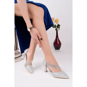 BA04412 Gümüş Simli Kadın Üç Taşlı Yanı Açık 8 cm Topuklu Ayakkabı - 37