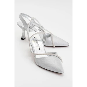 Kadın Taşlı Biyeli Topuklu Ayakkabı Gümüş Sim
