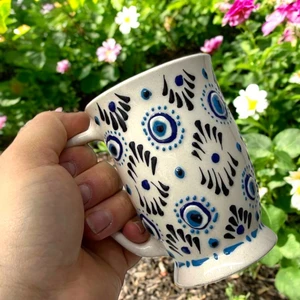Ddm Global El Yapımı Doğal Seramik Nazar Boncuklu Kupa Bardak / Mug - Çay&kahve Kupası