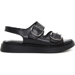 Kadın Siyah Kalın Tabanlı Deri Comfort Sandalet 25SFD340718