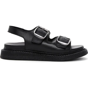 Kadın Siyah Çift Tokalı Deri Comfort Sandalet 25SFD300018