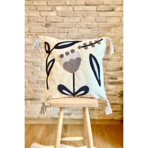 Home Punch Işlemeli Tekli Dekoratif Özel Tasarım Gri Kırlent Kılıfı (Panç)