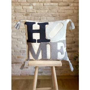 Home Punch Işlemeli Tekli Dekoratif Özel Tasarım Gri Kırlent Kılıfı (Panç)