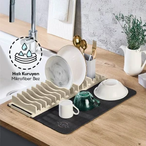 2'li Pratik Bulaşık Kurutma Matı ve Düzenleyici Set Krem