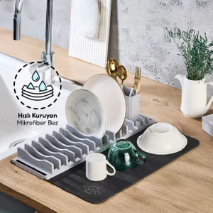 2'li Pratik Bulaşık Kurutma Matı ve Düzenleyici Set Gri