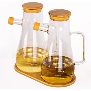 Cam Borosilikat Bambu Kapaklı Yağdanlık 1 Lt Ikili Set - Ahşap Stand Hediye