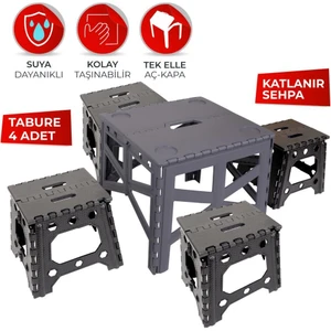 Portatif Plastik Katlanabilir Kolay Taşınır Kamp Piknik Masası + 4 Adet Katlanır Kamp Tabure Set