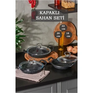 3'lü Cam Kapaklı Granit Döküm Sahan Seti - 18-20-22 cm Yapışmaz Tava Seti