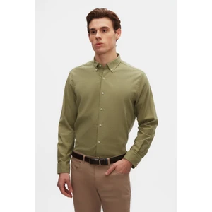 D'S Damat Ds Damat Comfort Yeşil Düğmeli Yaka Rahat Kesim Keten Görünümlü  Pamuk Gömlek 2HC02ORT64265