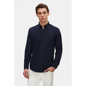 D'S Damat Ds Damat Comfort Lacivert Düğmeli Yaka Rahat Kesim Keten Görünümlü  Pamuk Gömlek 2HC02ORT64265