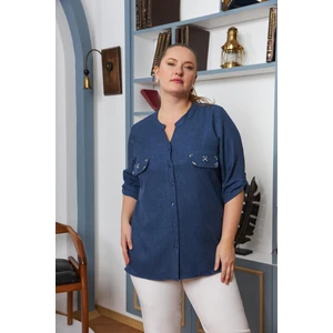 Cep Kapak Taş Detaylı Büyük Beden Gömlek Indigo