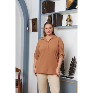 Kol Detaylı Büyük Beden Gömlek Yaka Bluz Camel