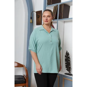 Kol Detaylı Büyük Beden Gömlek Yaka Bluz Çağla Yeşili