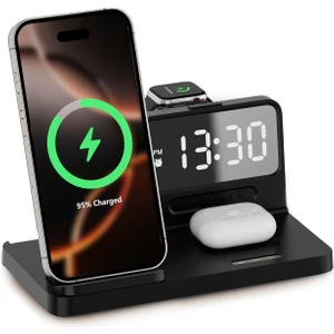 Bxmw4 Alarmlı Saat Özellikli 15W Akıllı Telefon Tws Kulaklık Akıllı Saat Için Çok Fonksiyonlu Kablosuz Şarj Standı iPhone Airpods Için Wireless Şarj Kaynağı