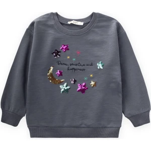 Pullu Ay Yıldız Nakışlı Sweatshirt 2-8 Yaş Gri