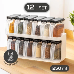 12'li Beyaz Standlı Kaşıklı Etiketli Kendinden Yapışkanlı Baharatlık Seti