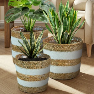 3'lü Dekoratif Hasır Içi Jelatinli Saksı Büyük Boy Set Çok Amaçlı Hasır Sepet, Ev Bahçe Düzenleyici