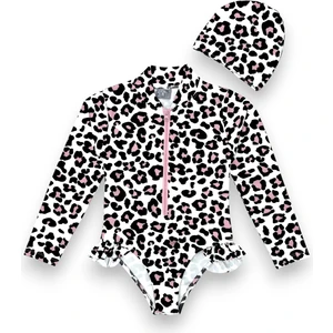 Kız Çocuk Ön Fermuar Detaylı Body Suit Uzun Kollu Güneş Koruyucu Fırfırlı Mayo + Bone