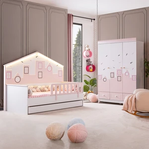 City Montessori Çocuk Odası Takımı - 3 Kapaklı Dolap, Yavrulu Yatak - Pembe