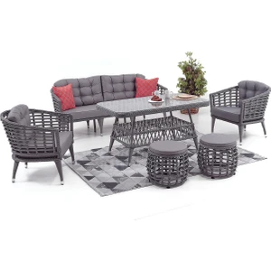 Divona Home Linda Rattan Bahçe Balkon Oturma Grubu (3 +1+1+Masa+2 Puf) Gri