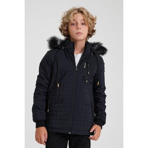 Lacivert Erkek Çocuk Su ve Rüzgar Geçirmez Çıkartılabilir Kapüşonlu Kadife Mont & Kaban