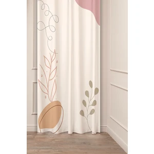 Bohem Yaprak Çiçek Vazo Bej Renk Özel Tasarım Soft Dijital Baskılı (Tek Kanat) Modern Şık Fon Perde