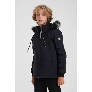 Lacivert Erkek Çocuk Su ve Rüzgar Geçirmez Çıkartılabilir Kapüşonlu Kadife Mont & Kaban